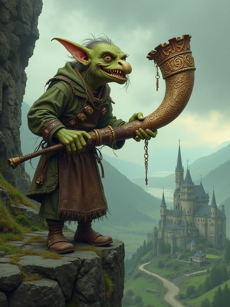 Mischief Wreathed Goblin Seeks Magic Amidst Whimsical Hills