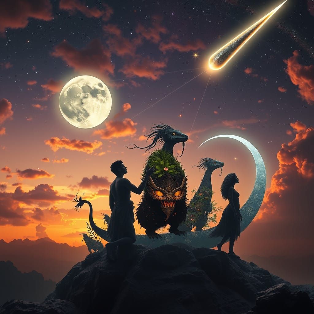 Ethereal Being Rides Comet in Starry Expanse with Swirling N...