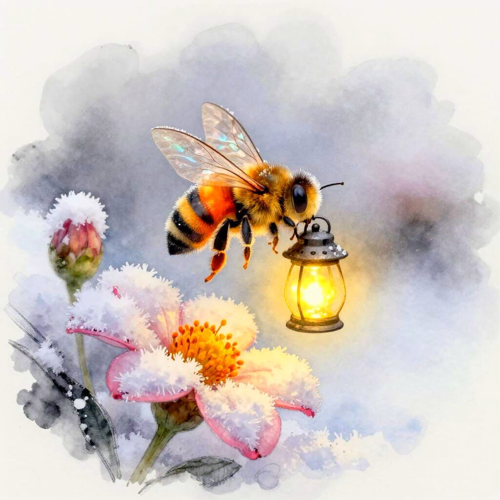 Winter Bee with Frosty Wings and Glowing Lantern