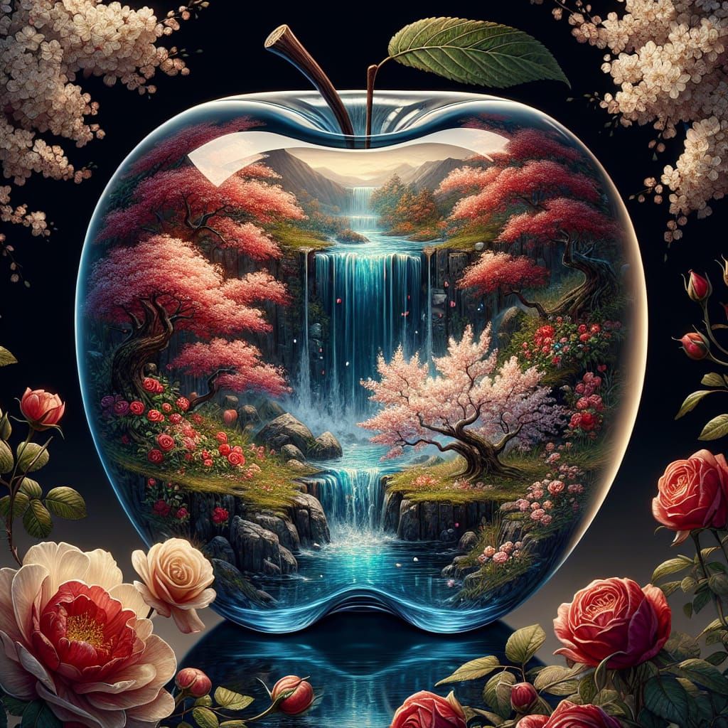 The image is of a clear glass apple with the surface painted...