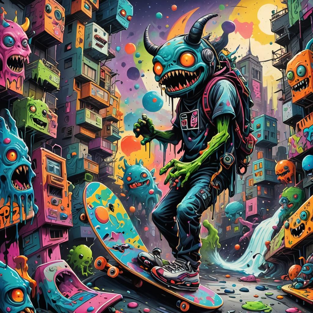 Monsters on Skateboards in Trippy Graffiti World
