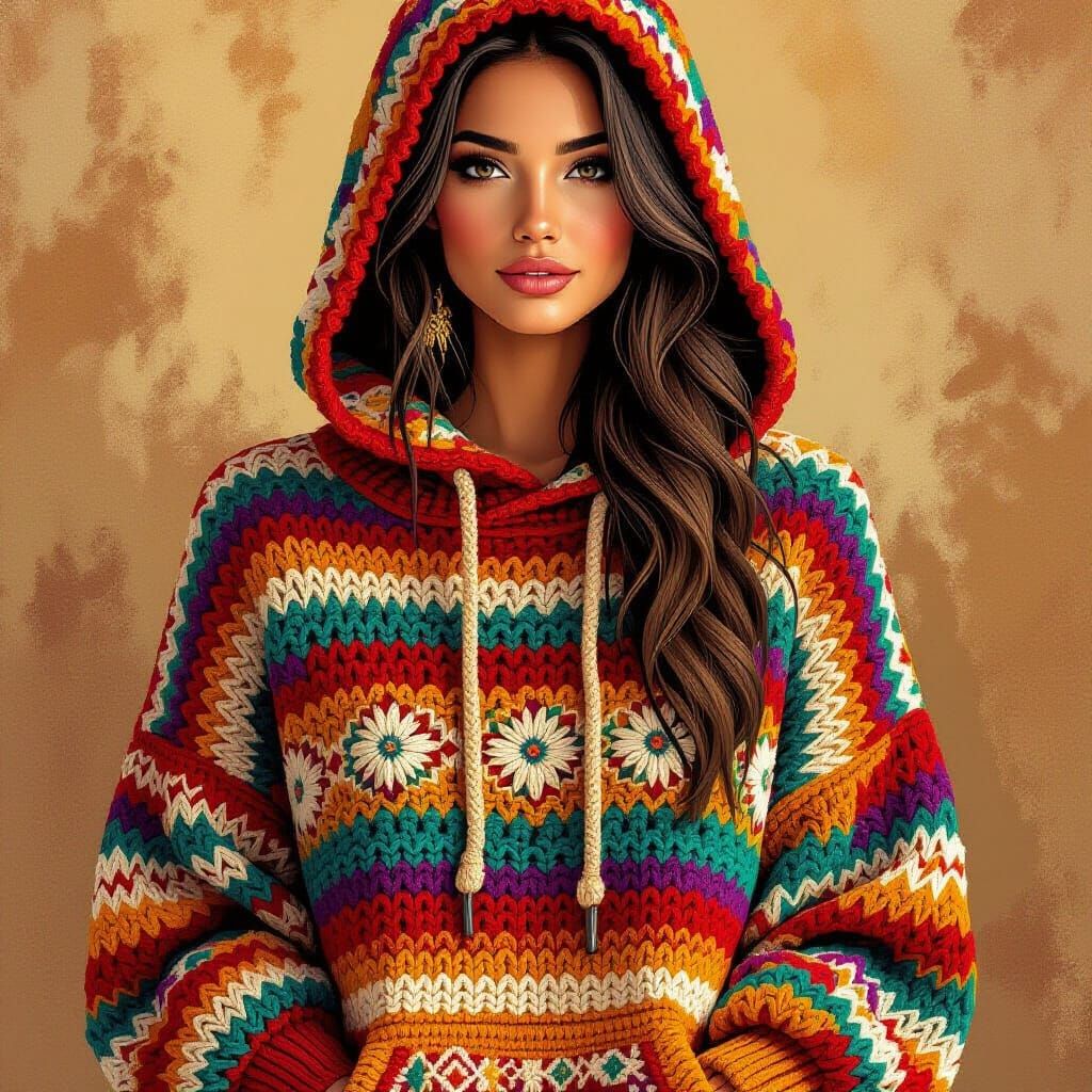 Woman Wearing Crocheted Hoodie in Street Art Style