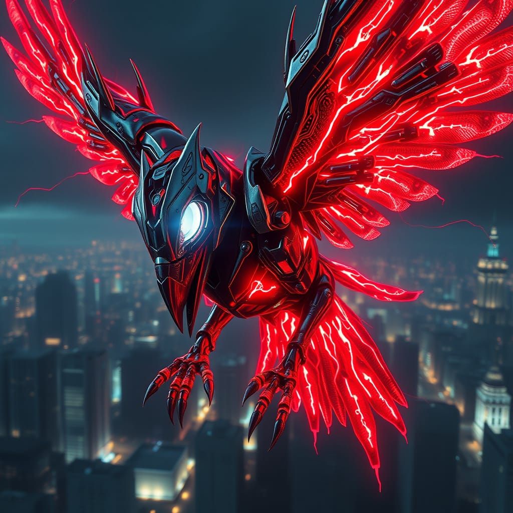 Metallica Robot Raven Soars Over City Nightscape