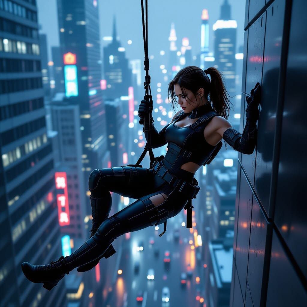Cyberpunk Special Ops Woman Rappelling Down Skyscraper
