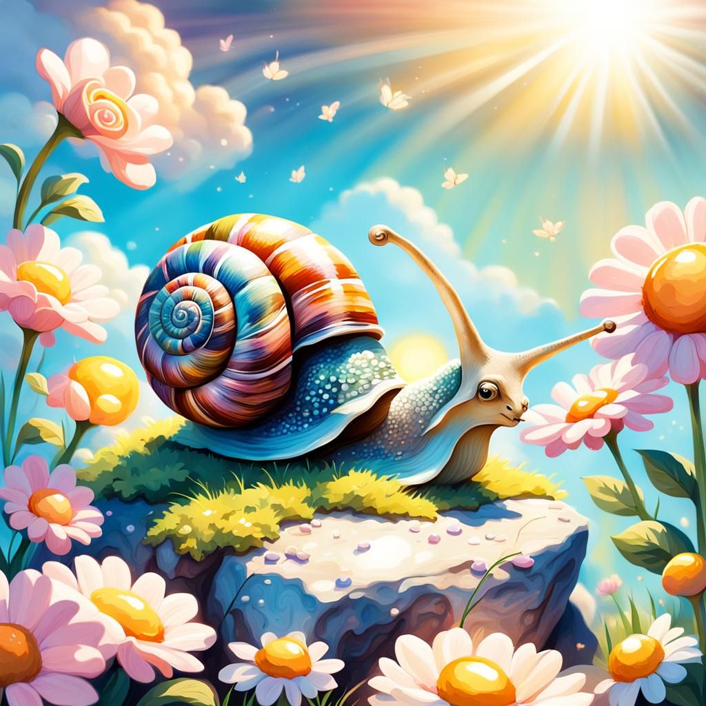 Pastel Snail in Whimsical Fantasy Landscape