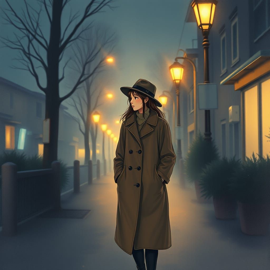 Night Scene with Woman in Warm Coat, Watercolor Style