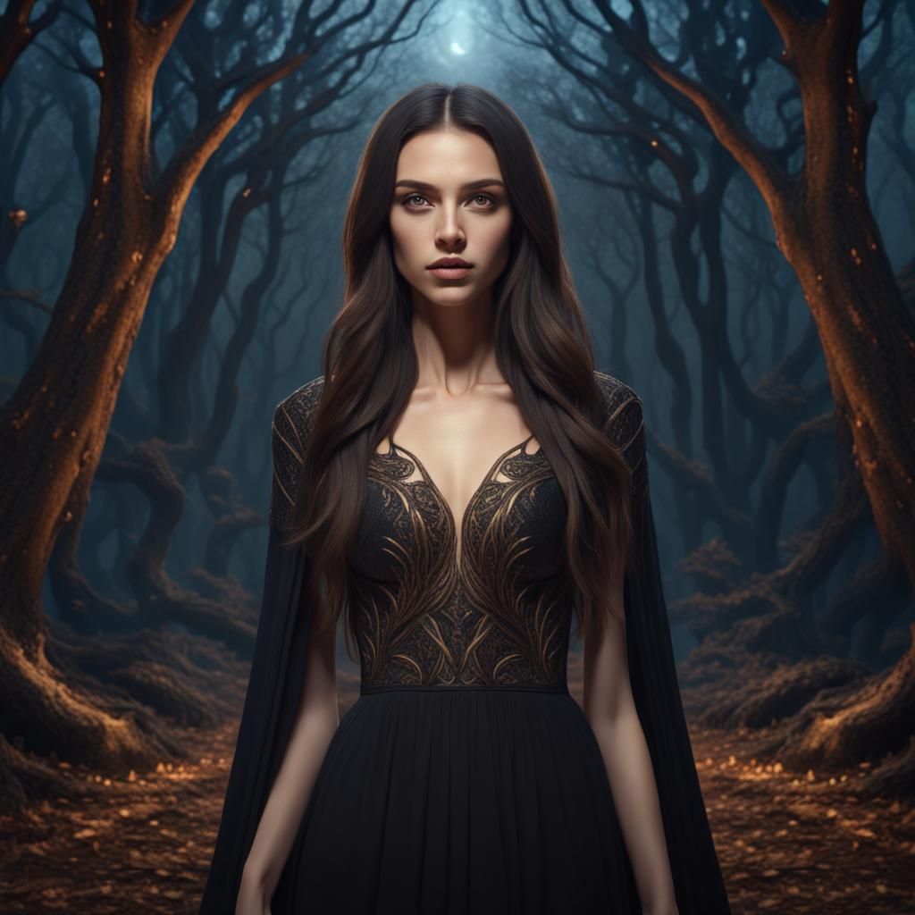 Fantasy Art of Woman in Black Dress in Woods