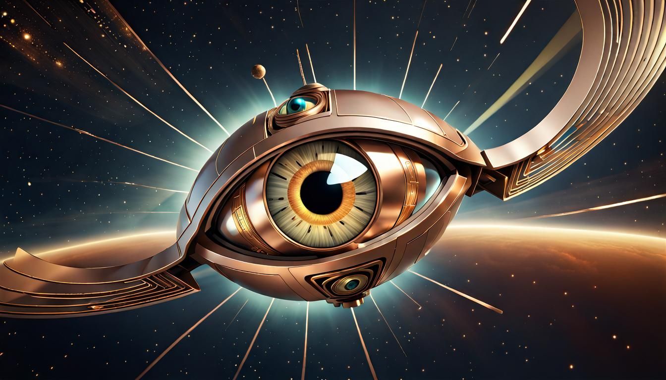 Robotic Eye in Galaxy with Art Deco Elements