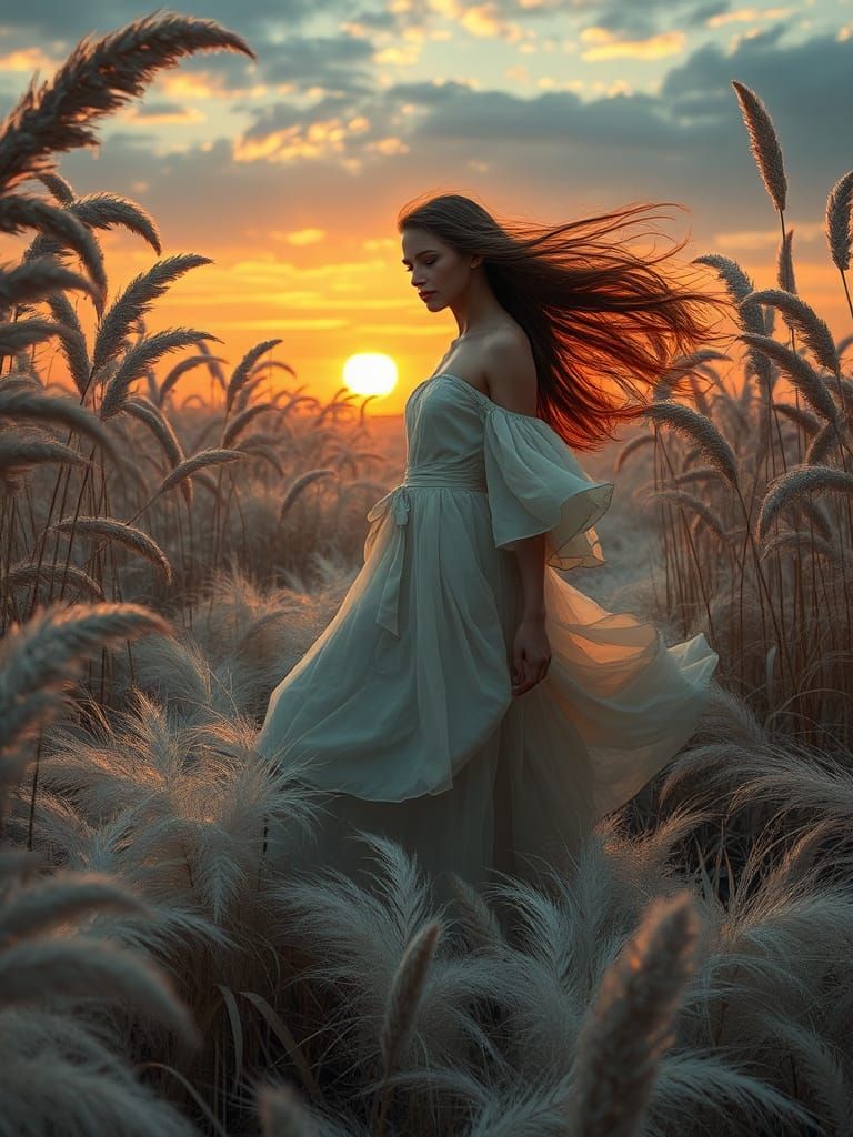 Woman in Reeds at Sunset in Digital Painting Style
