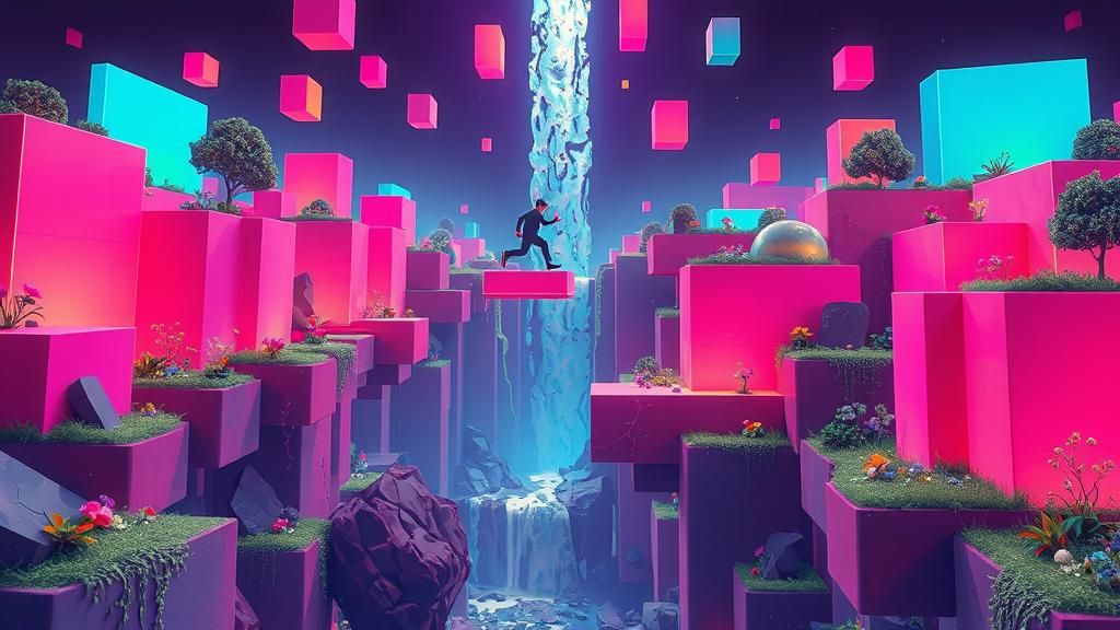 Pixelated Cyberverse World with Floating Neon Rectangles