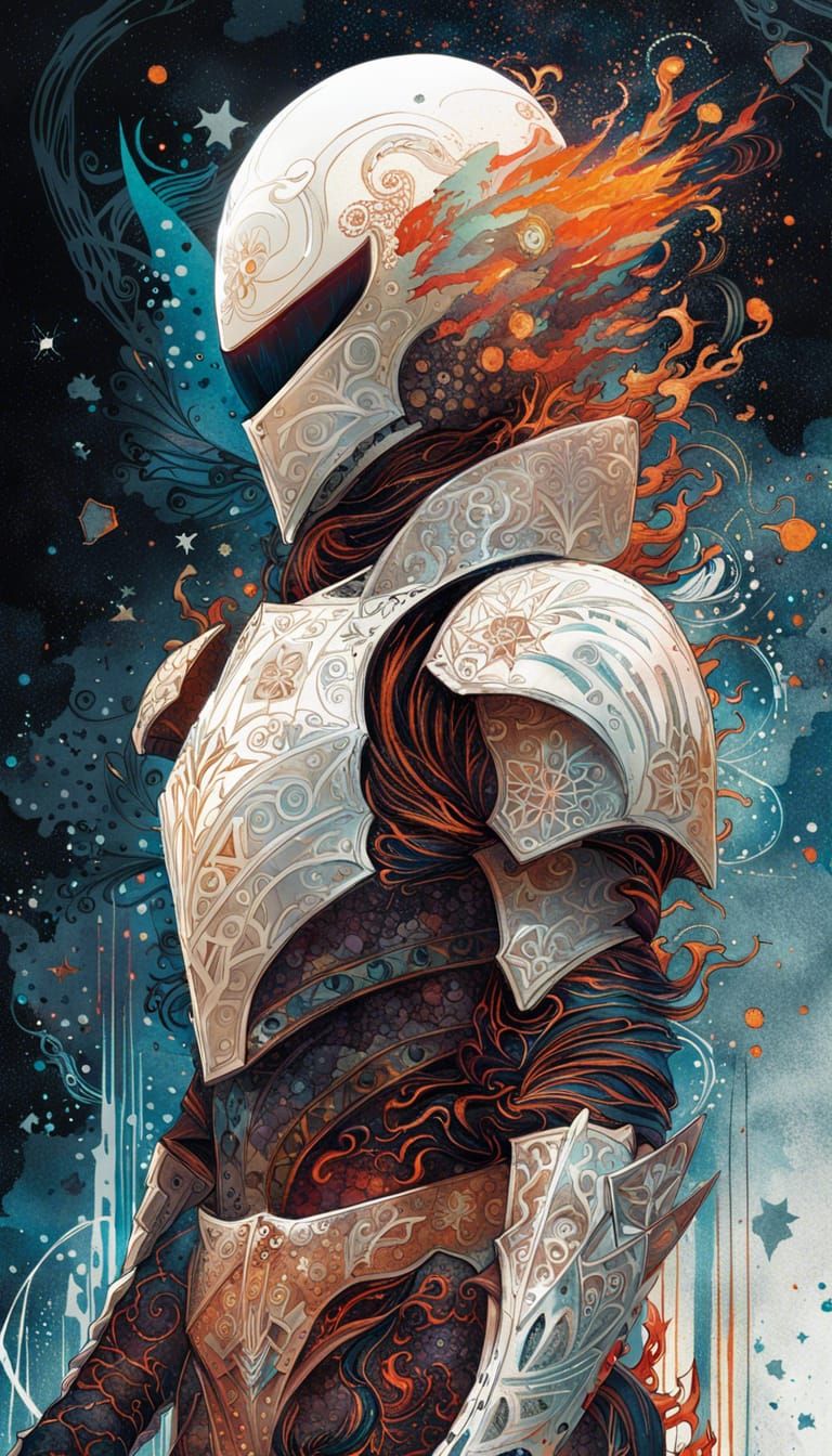 Galactic Knight in White Armor with Lava Outlines