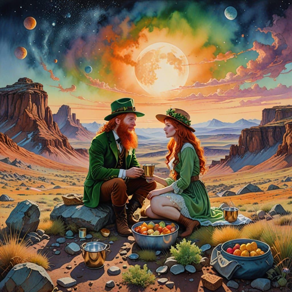 Whimsical Watercolor of Leprechaun and Redhead on a Dreamy M...