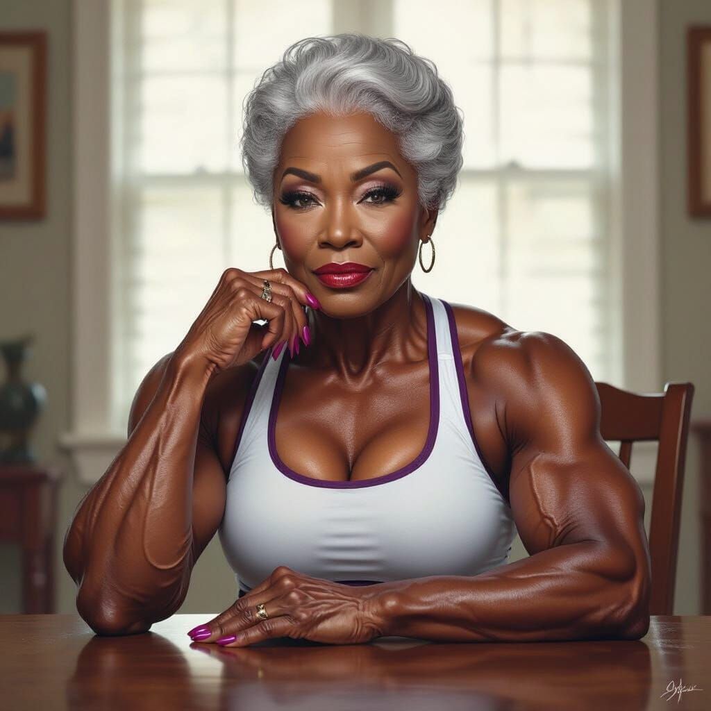 Elderly Woman with Muscular Physique and Silver Hair