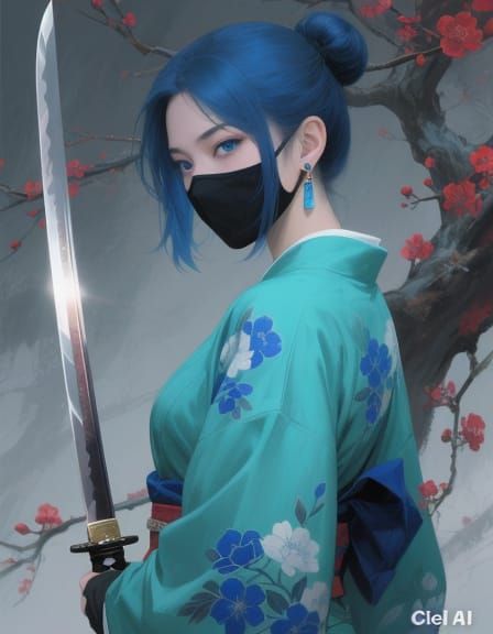 Blue-Haired Woman with Katanas in Painterly Style