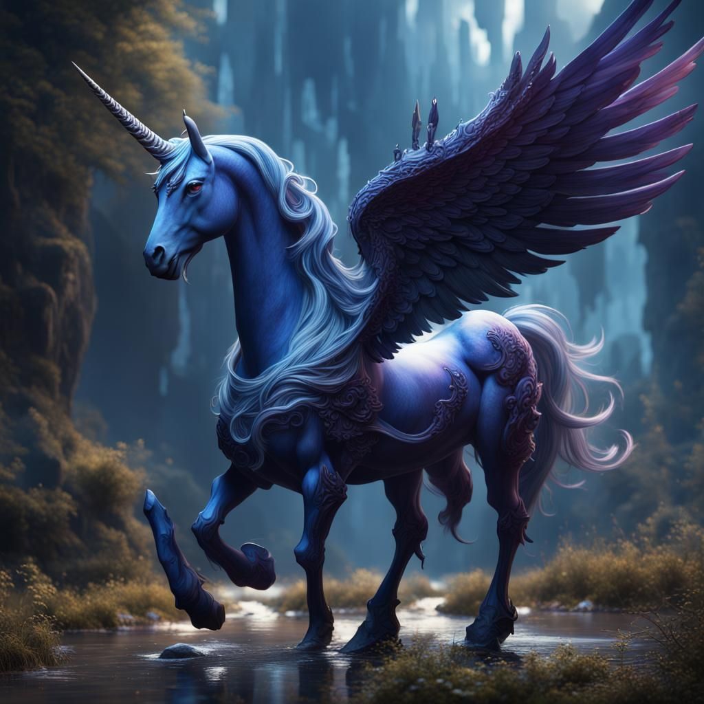 Fantastical Indigo Alicorn in Detailed Matte Painting