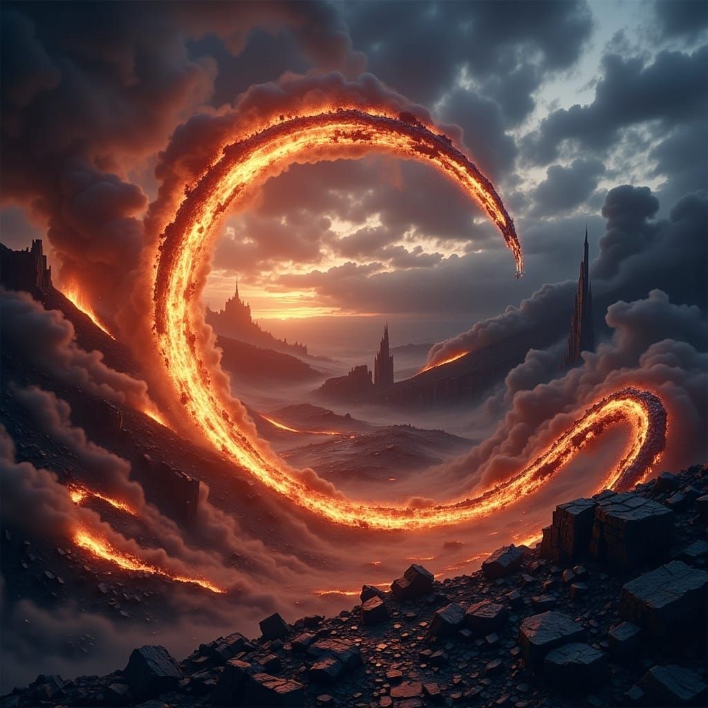 Dark Fantasy Scene with Wind and Flames