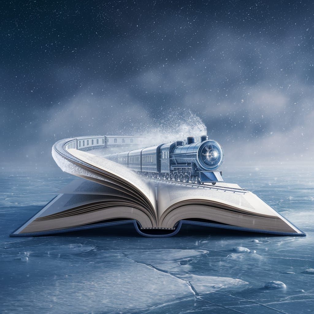 Giant Book on Frozen Lake with Polar Train