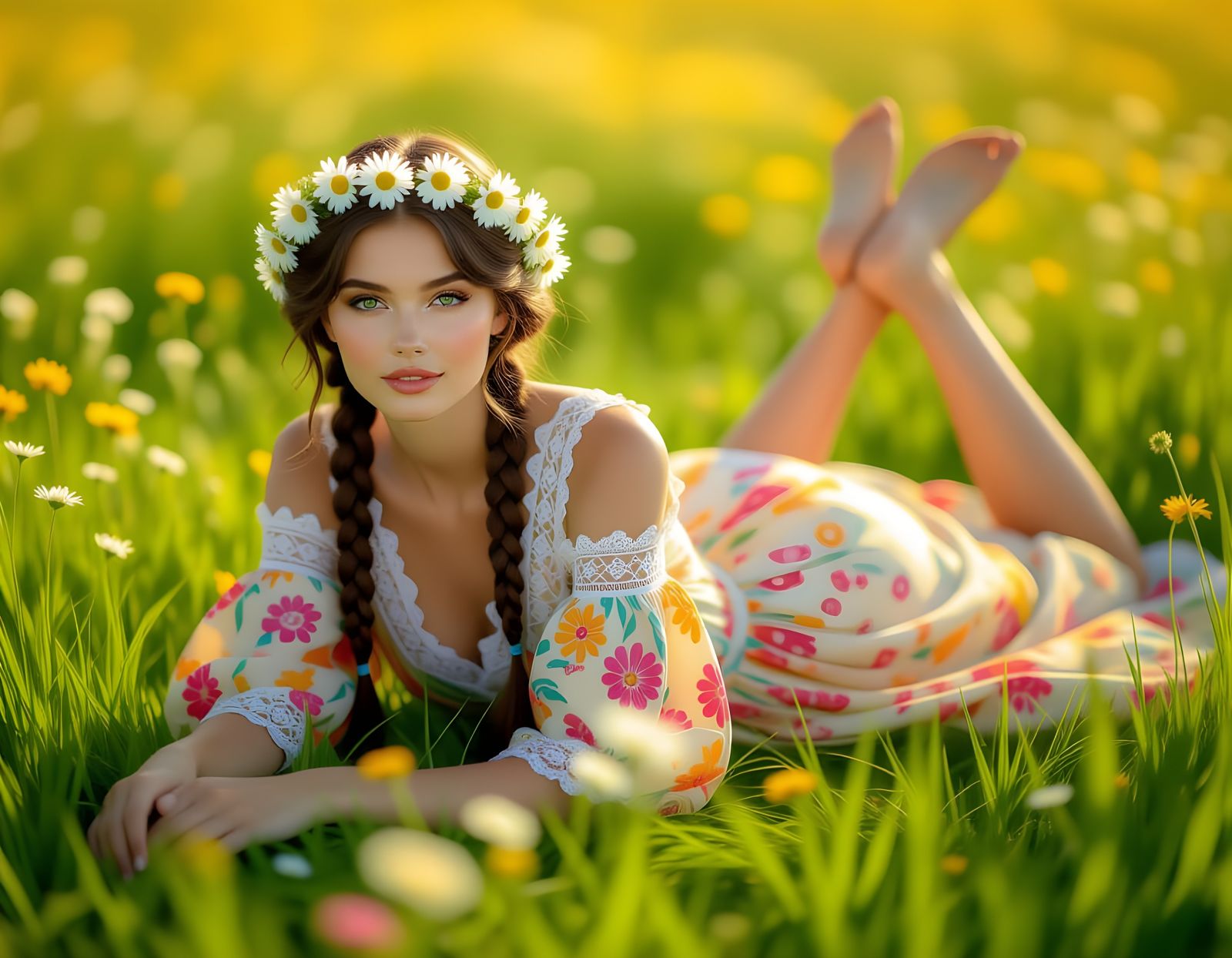 Woman in Summer Meadow: Idyllic Hyperrealistic Portrait