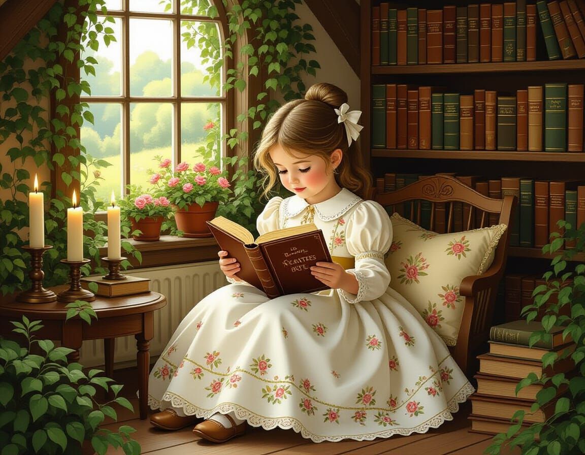 Belle Reading in Cozy Cottage, Whimsical Art