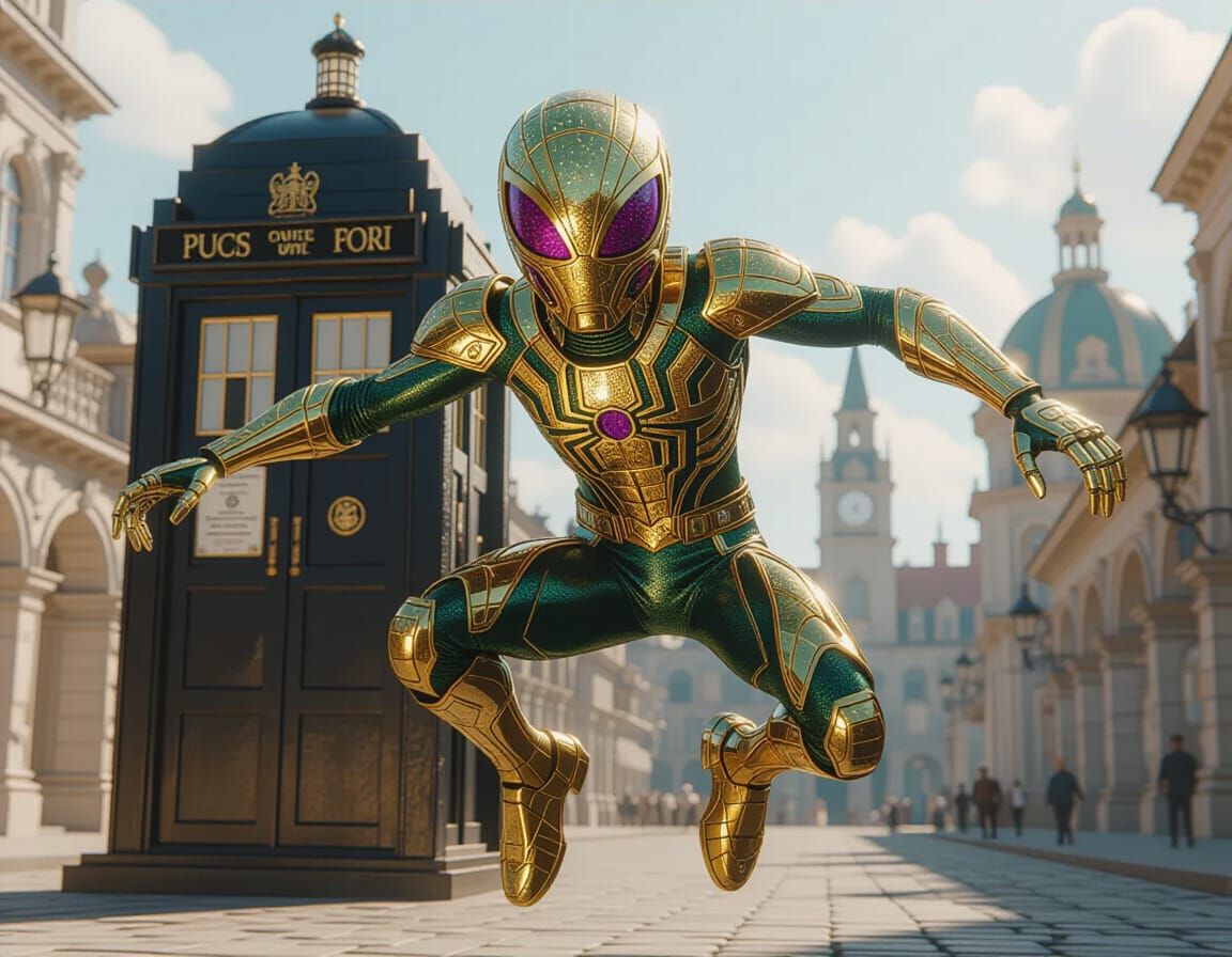 Golden Alien Jumps Through Time in Hyperrealistic Style