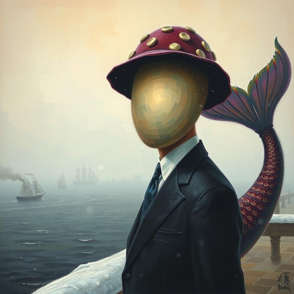 Surreal Man with Mushroom Hat and Mermaid Tail
