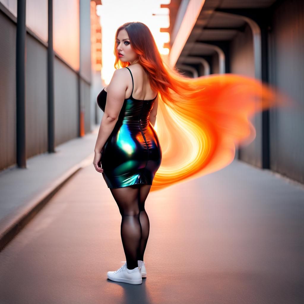 Woman in Iridescent Dress Surrounded by Orange Fire
