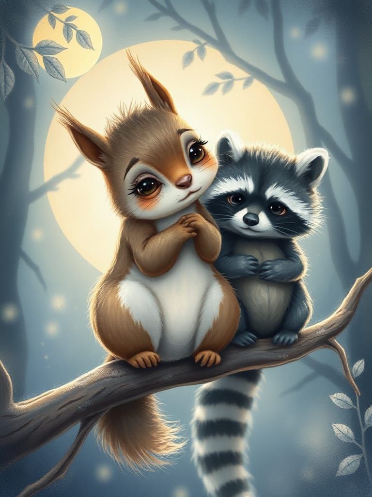 Melancholy Squirrel and Raccoon in Enchanted Forest