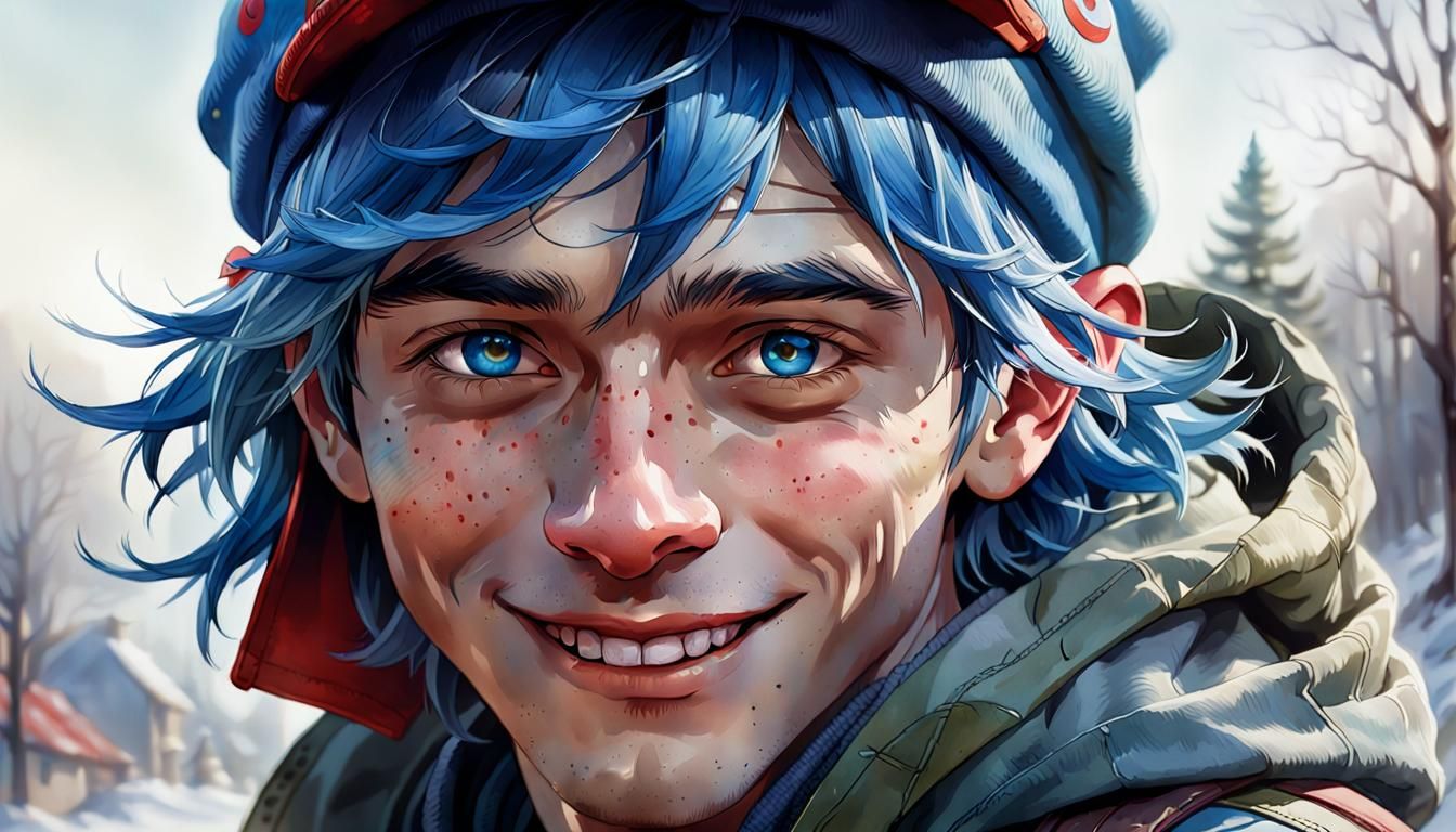 Boy with Blue Hair Grinning, Watercolour Portrait