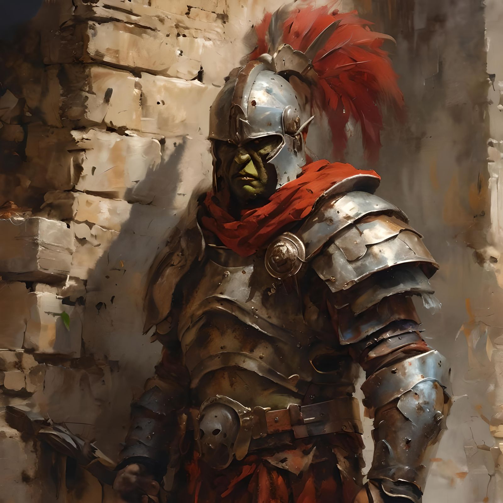 Orc Centurion Portrait Beside Ancient Wall