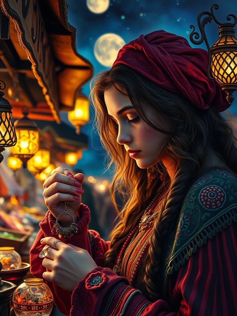 Gypsy Girl in Vibrant Night Bazaar, Medieval Style