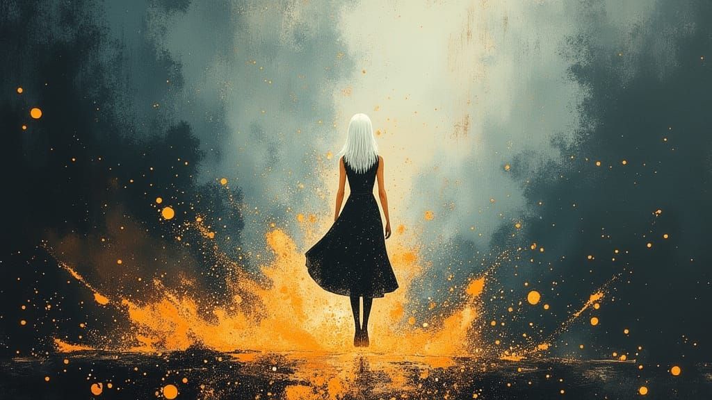 Mystical Woman Walks Amidst Ignited Ashes