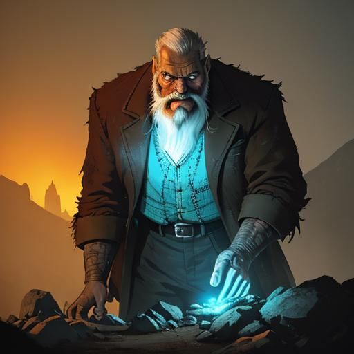 Hyperrealistic Old Man Moves Rock with Lever