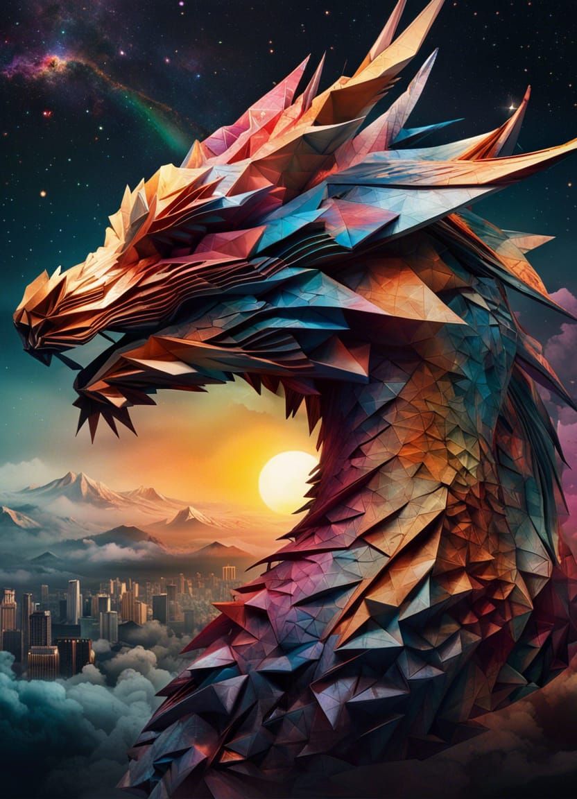 Origami Dragon Over Lake at Sunset