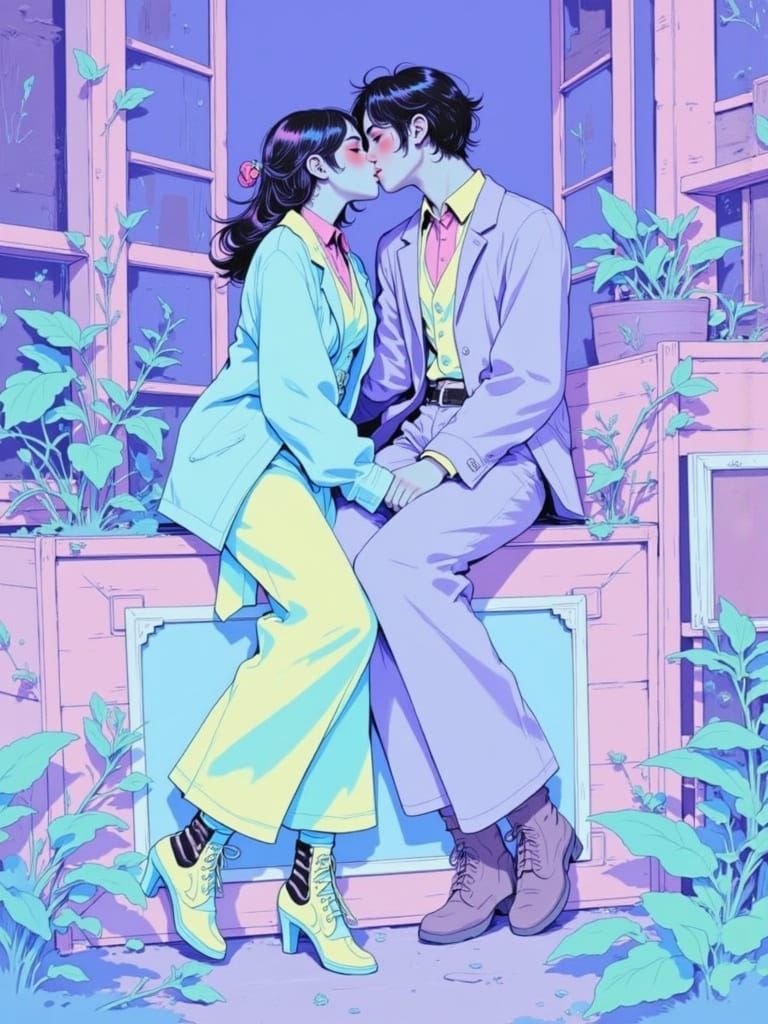 Romantic 80s Kiss in Neon Vaporwave Style