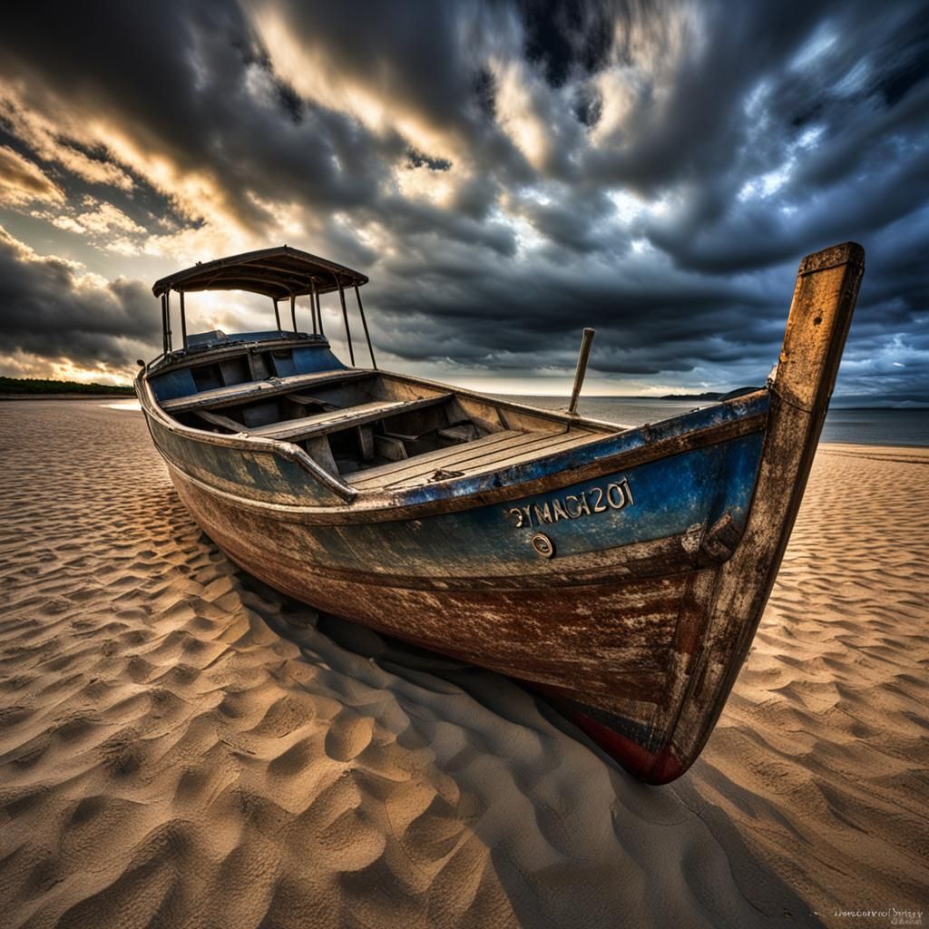 Dramatic Beach Scene with Boat in Hyperrealism