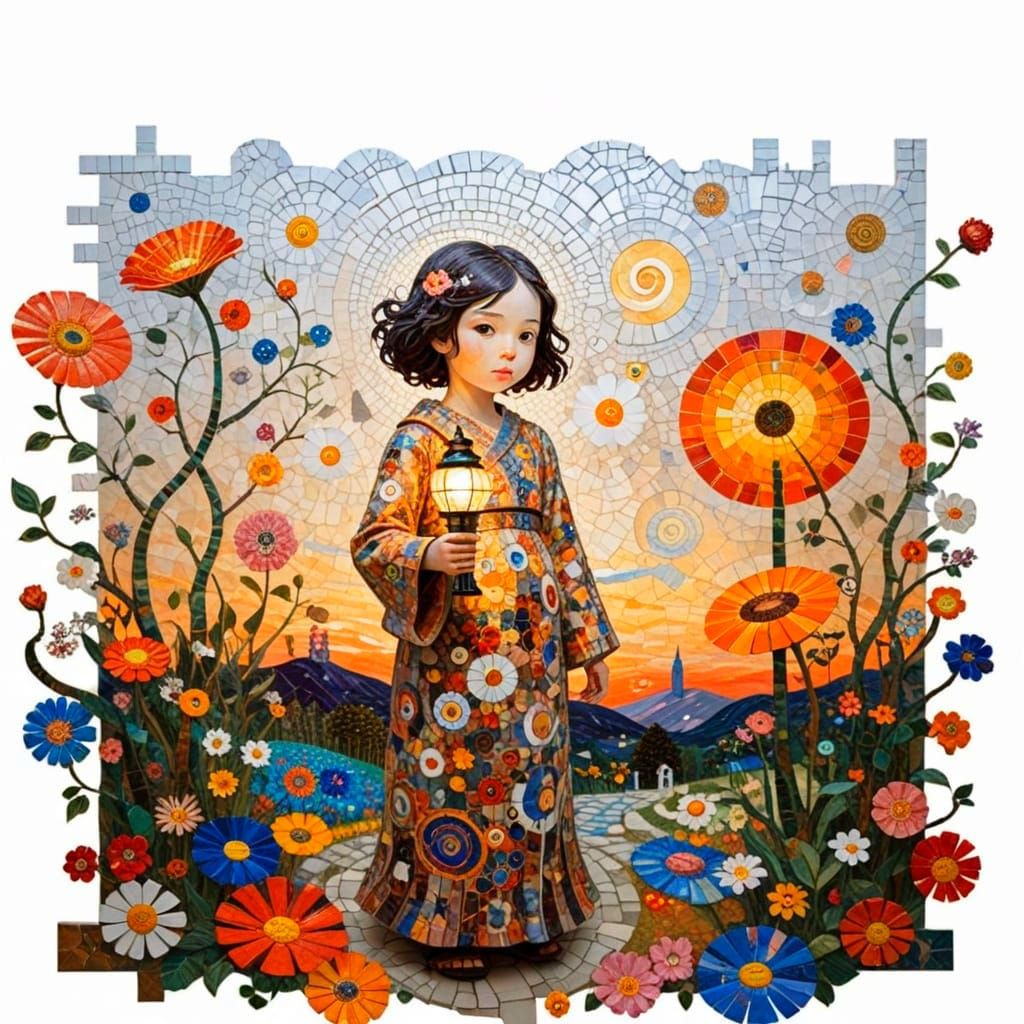 Child With Lantern In Mosaic Garden At Sunset