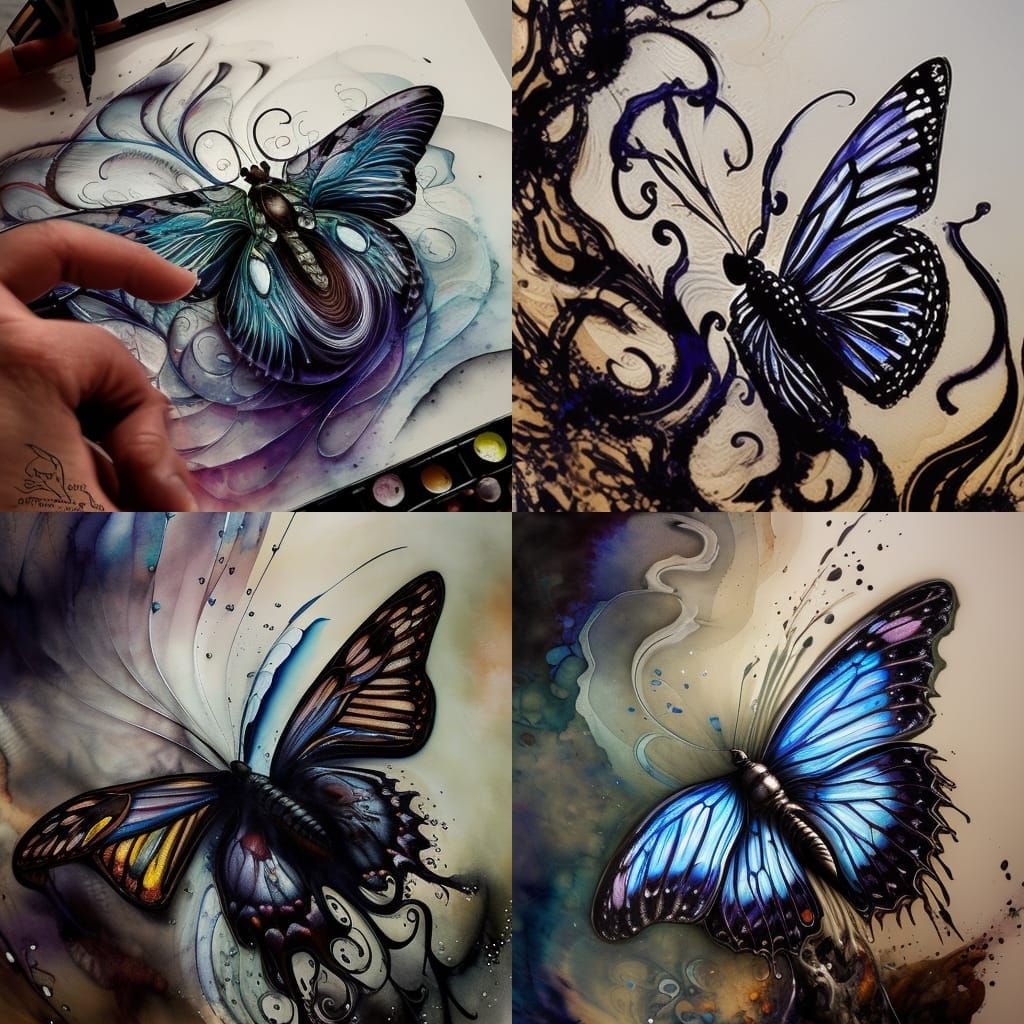 Intricate Butterfly Ink Flow in Gouache and Watercolor