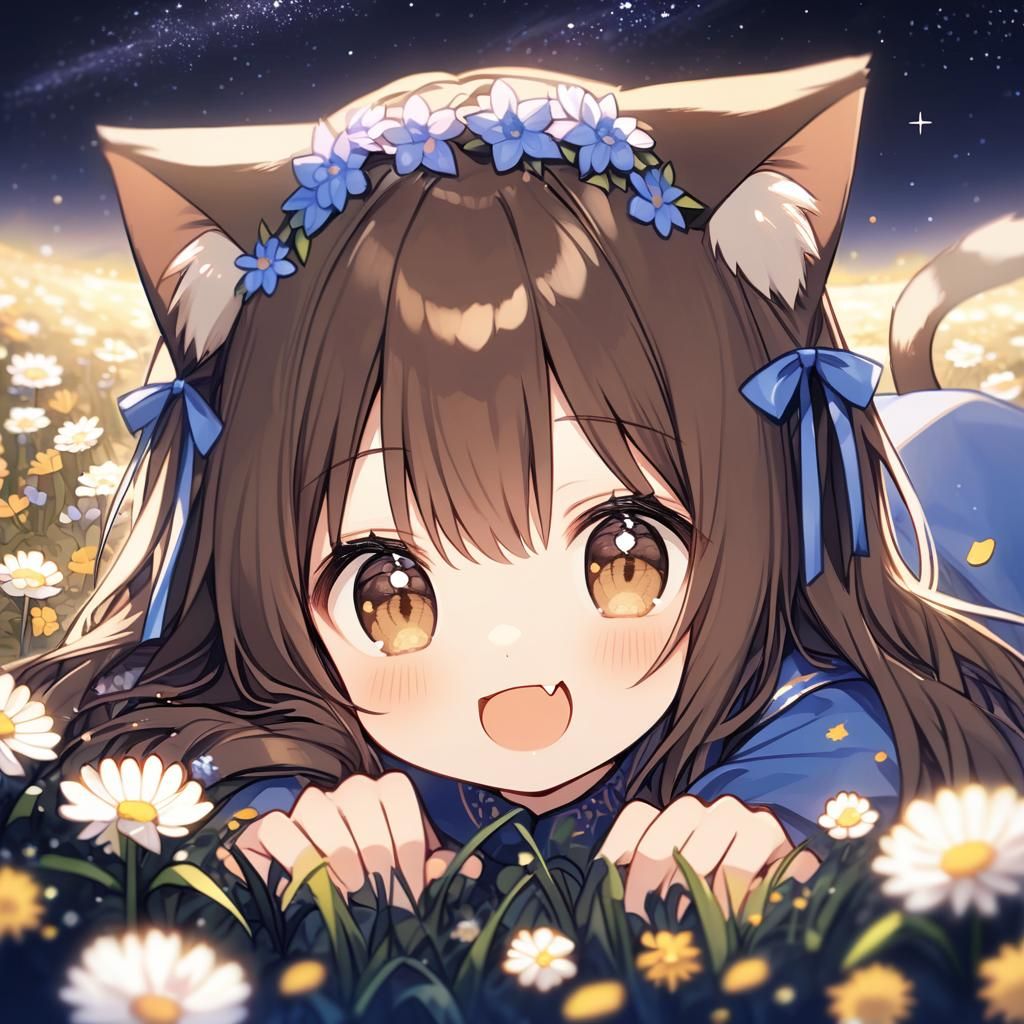 Adorable Catgirl in Flowery Field at Night