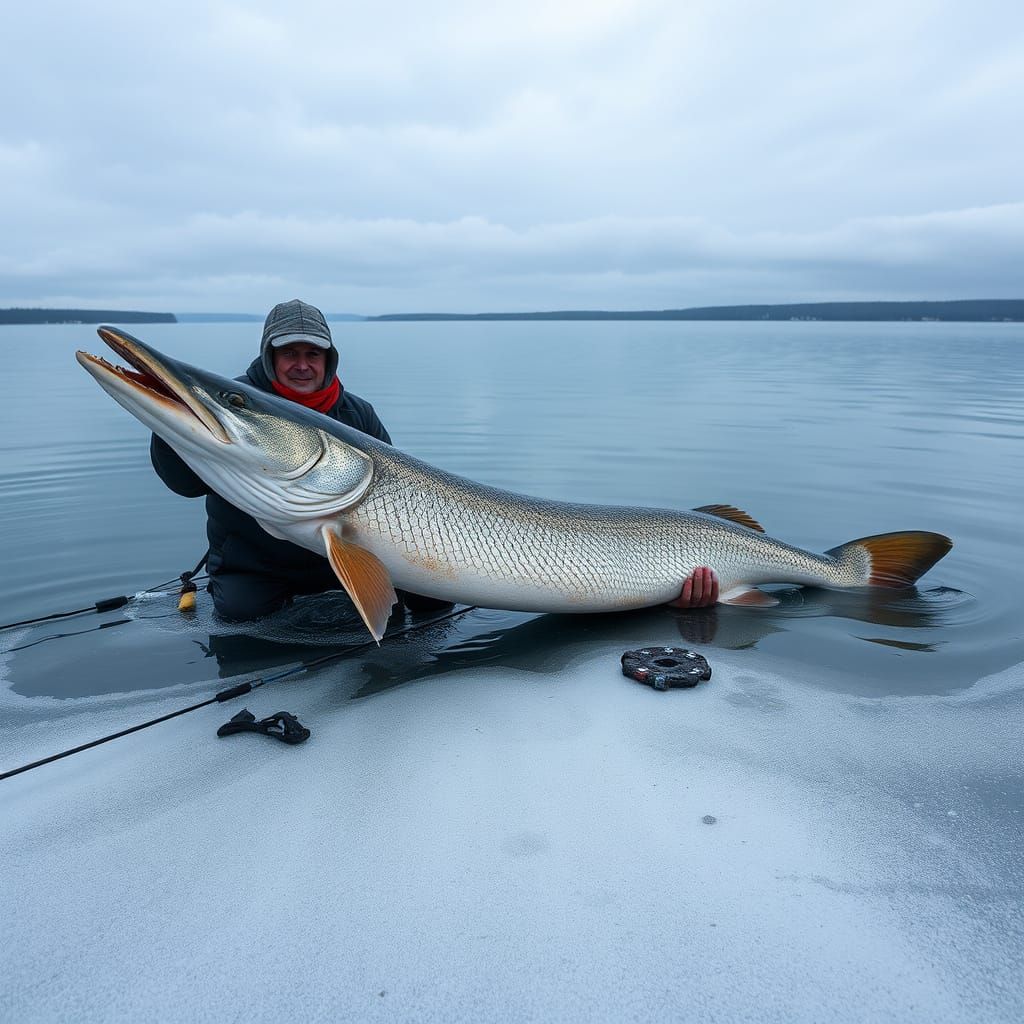 Giant Pike on Siberian Lake Surface