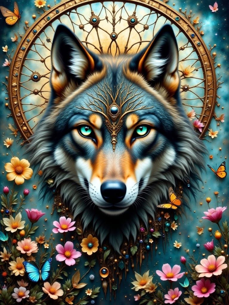 Bohemian Fantasy Wolf Portrait with Dreamcatcher