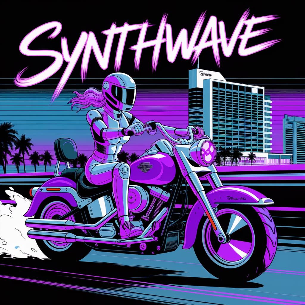 Cyberpunk Woman on Motorcycle, Neon Graffiti Art