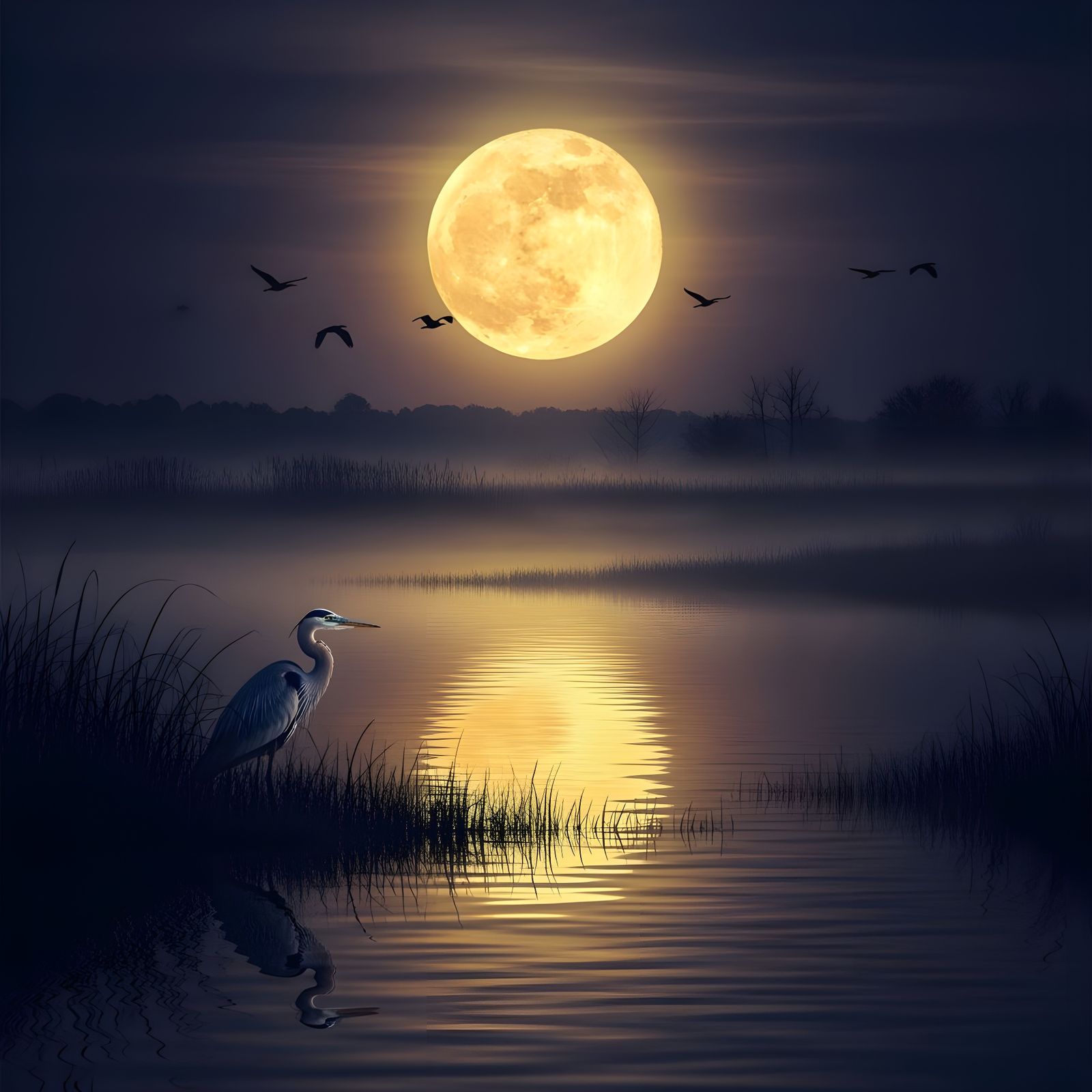 Golden Moon Over Misty Wetland Sanctuary