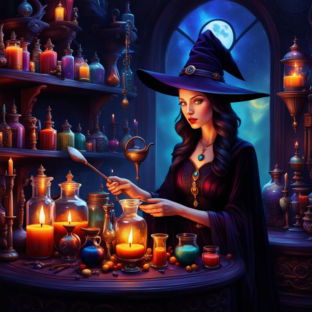 Enchanting Witch Brewing Potions in Cosmic Fantasy Art