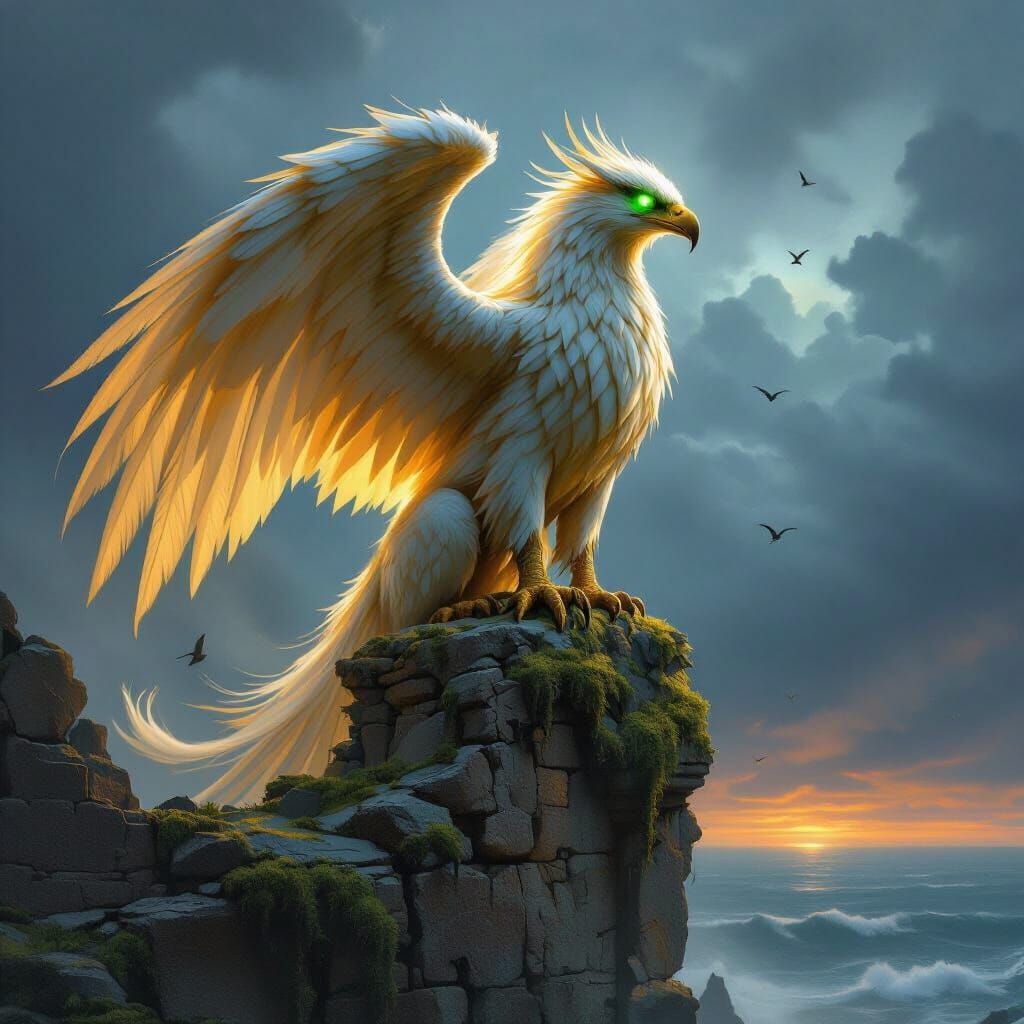 Majestic Griffin on Ruin Overlooking Stormy Sea