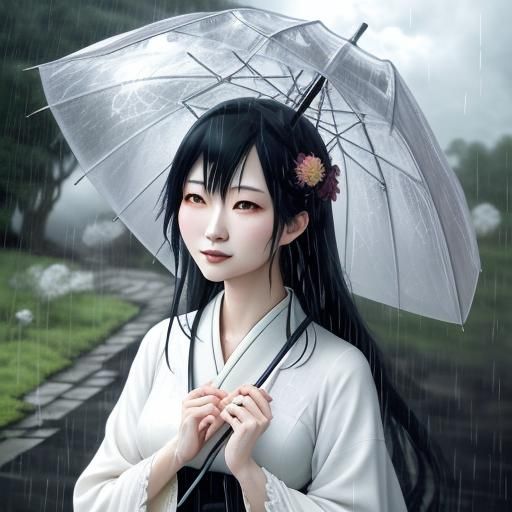 Japanese Gothic Girl in Rain with Divine Light