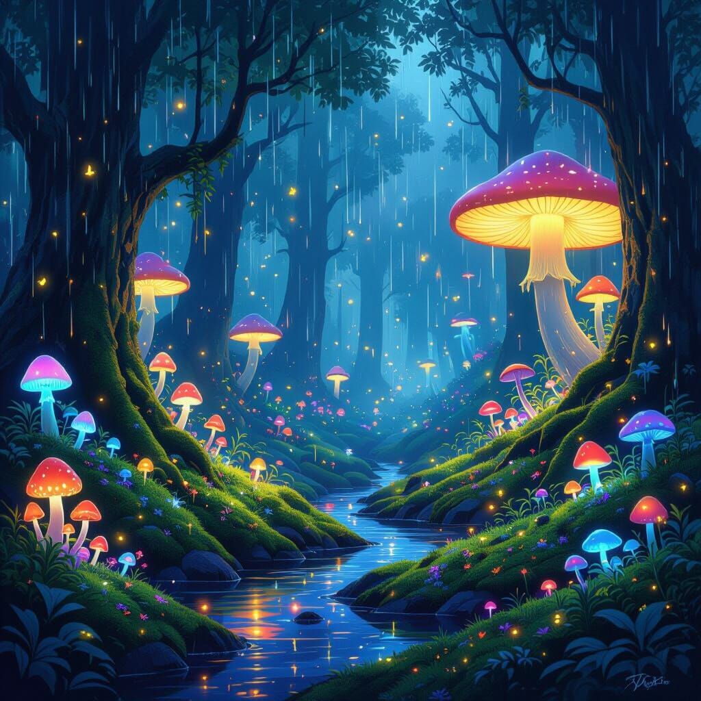 Enchanting Bioluminescent Forest at Night