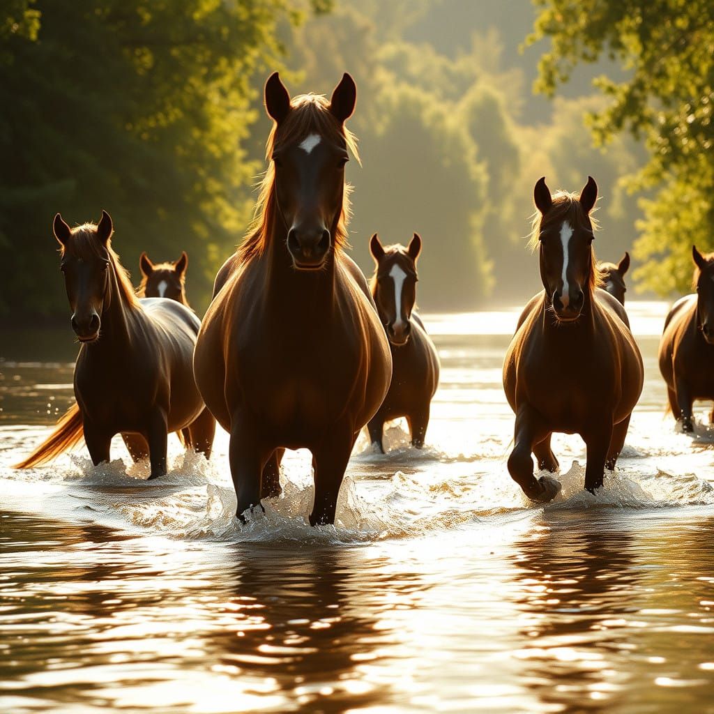 Epic Horses in Serene River Landscape