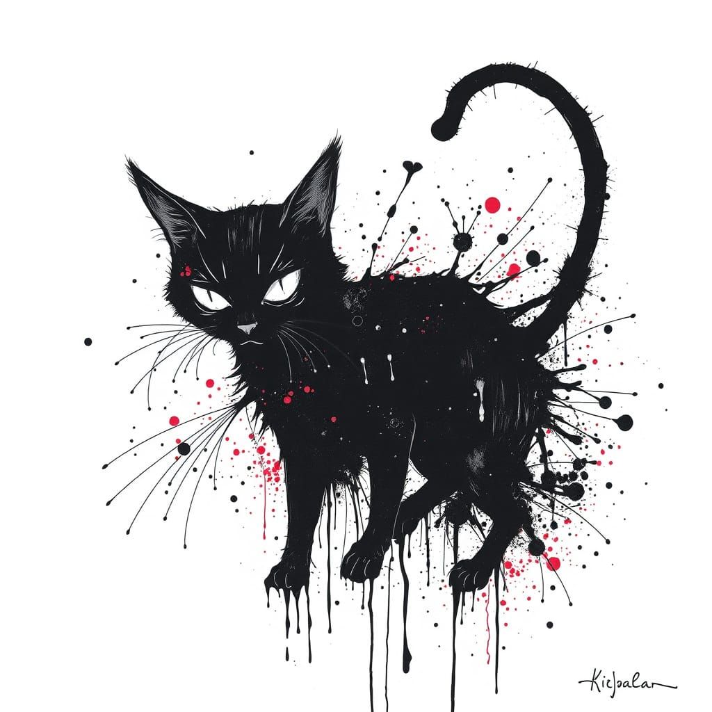 Surreal Ink Splatter of a Black Cat