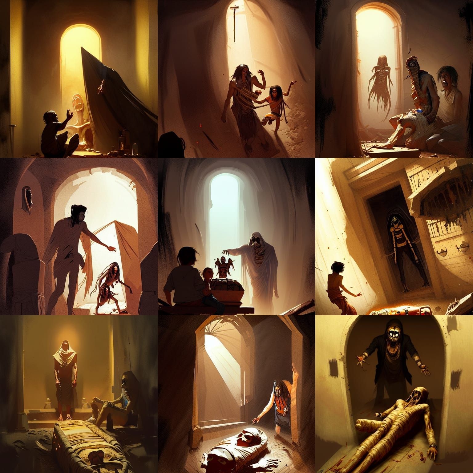 Man Traps Mummy in Sarcophagus in Golden Age Style