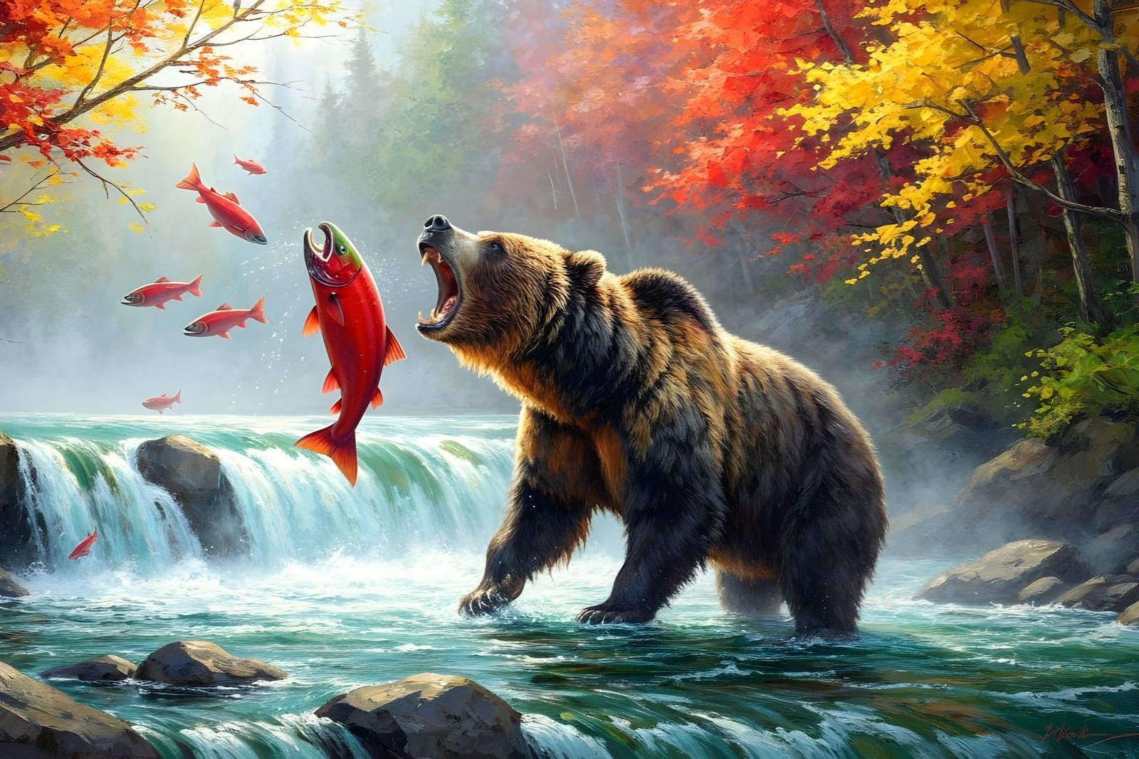 Grizzly Bear Catches Salmon at Autumn Waterfall